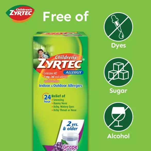 Image of Children's Zyrtec 24-hour Allergy Relief Syrup in grape, free of dyes, sugar & alcohol