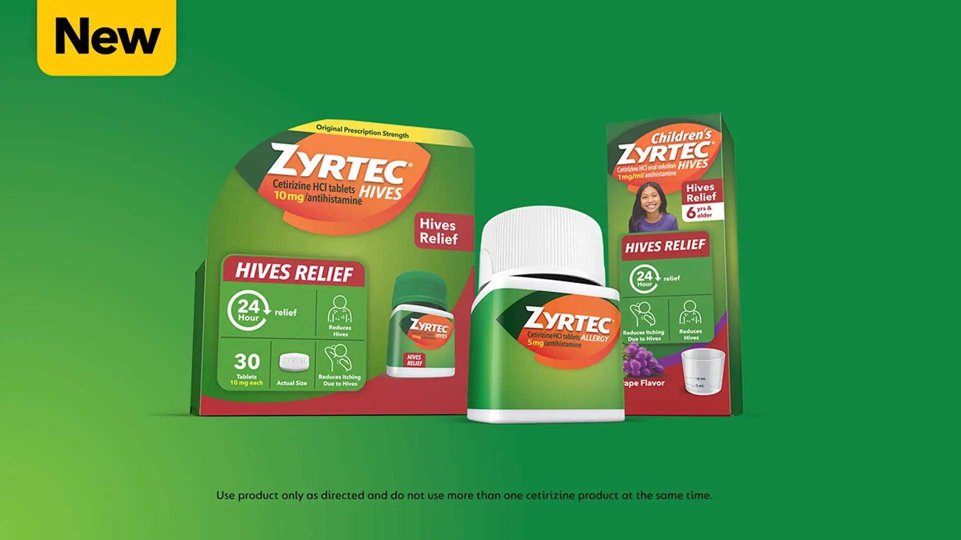 ZYRTEC® Hives relief products, including adult and children's formulations, showcasing 24-hour allergy relief.
