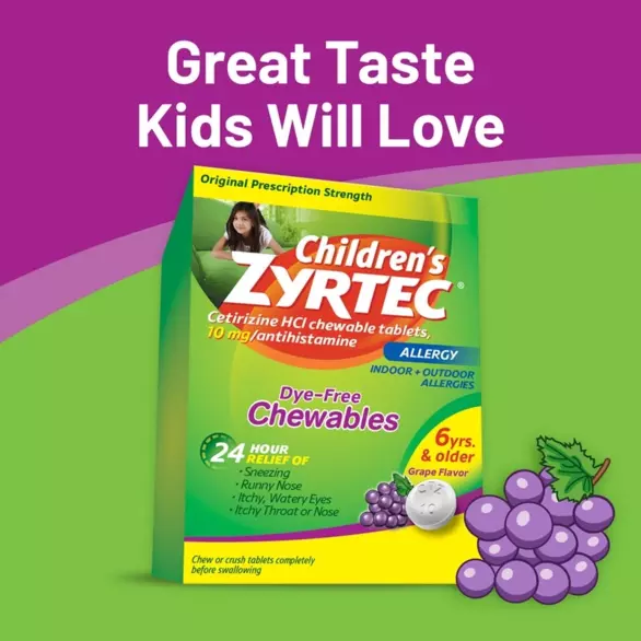 Children's Zyrtec Dye-Free Chewables in green box for 24-HR allergy relief in grape flavor, ages 6+