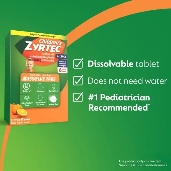 Children's ZYRTEC®  Dissolve Tabs packaging on green background with a checklist reading "Dissolvable tablet. Does not need water. #1 Pediatrician Recommended."
