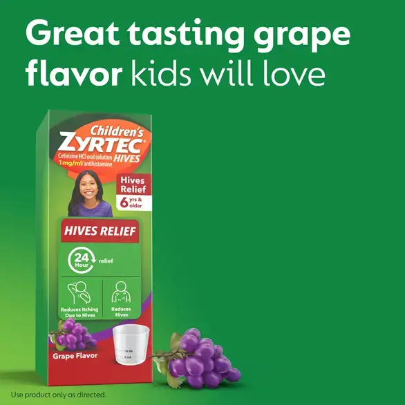 Children's ZYRTEC® Hives has a great taste grape flavor children will love
