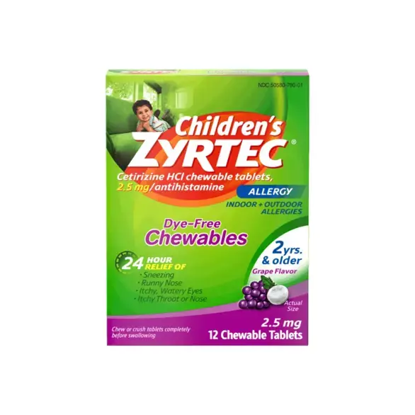 ZYRTEC® Dye-Free Grape Chewable Allergy Relief Tablets for Children ages 2+ Front of the pack