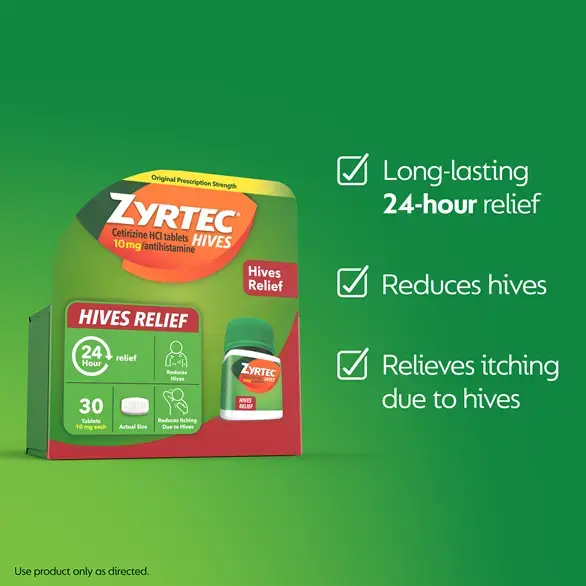 ZYRTEC® Hives Relief Tablets have 24-hour long lasting relief
