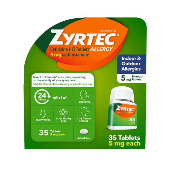 Product pack shot of ZYRTEC® Allergy Relief 5mg Tabs