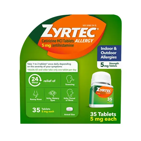 Product pack shot of ZYRTEC® Allergy Relief 5mg Tabs