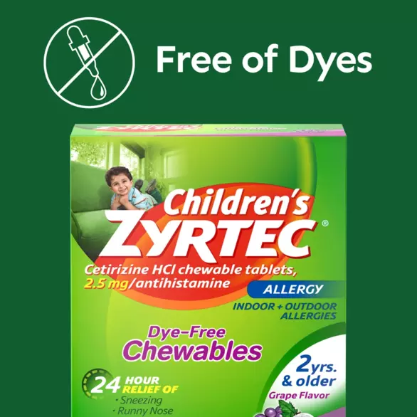 Close up of the packaging for Children's Zyrtec Dye-Free Chewables in grape flavor for kids 2+ years