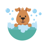 Illustration of a brown dog in a bathtub with soap suds