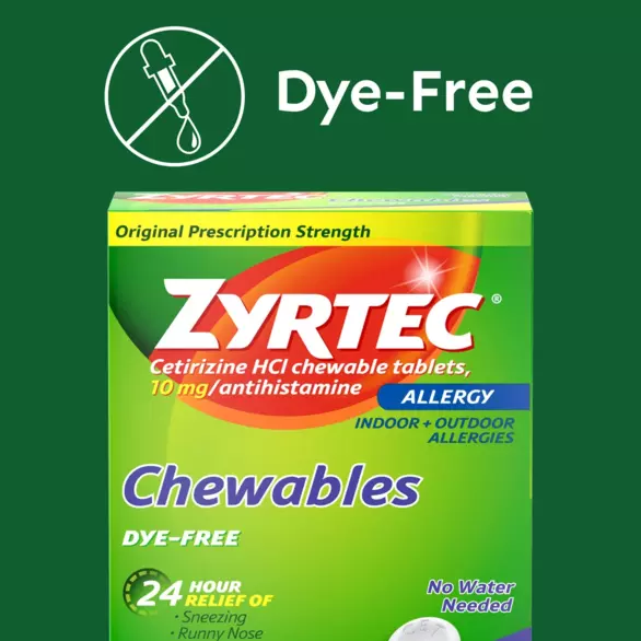 Image of Zyrtec Adult Chewable Dye-Free Tablets + 10mg for 24-hour relief in a rectangular package