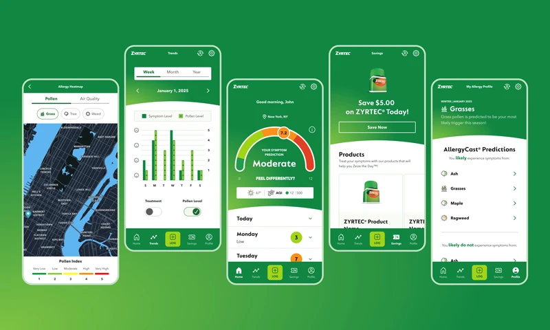 Zyrtec AllergyCast mobile application screens