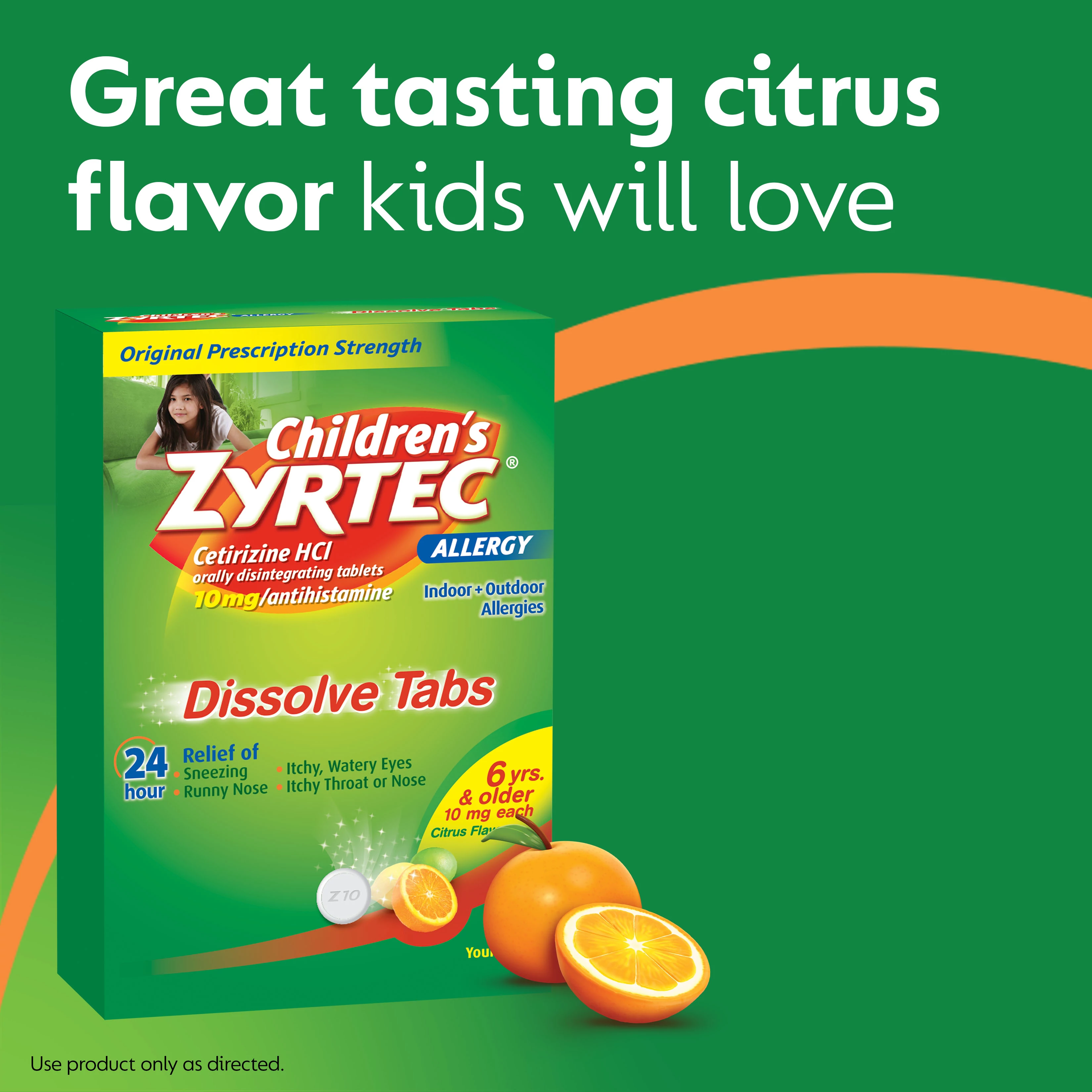 Image of Children's Zyrtec Dissolve Tabs + 10mg in citrus flavor for 24-HR allergy relief for 6+ yrs