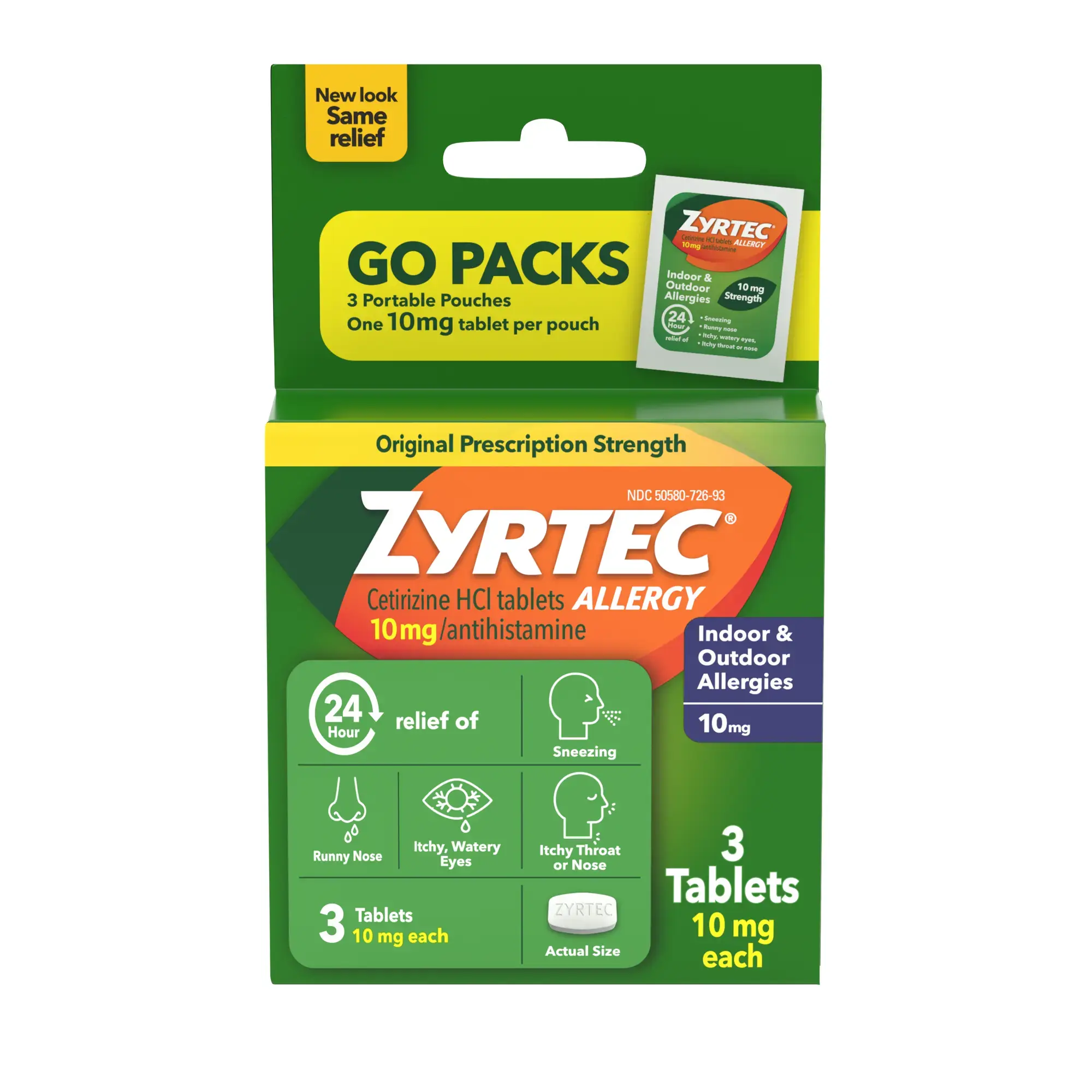 ZYRTEC® Allergy Relief Tablets with Cetirizine HCl 3 count Front of the pack