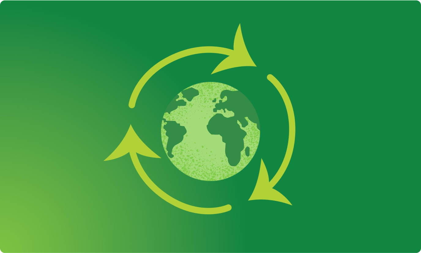 Illustration of the Earth surrounded by green recycling arrows on a vibrant green background.