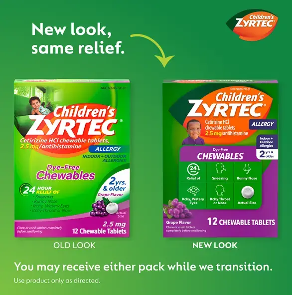 Transition image showing the old vs. new packaging for Children's ZYRTEC®  Dye Free Chewables