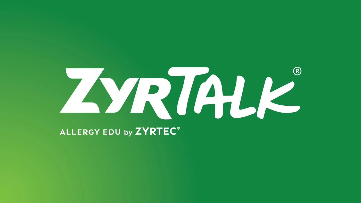 Text reads "ZyrTalk™ Allergy Education Series by Zyrtec®" in set against a vibrant green background.