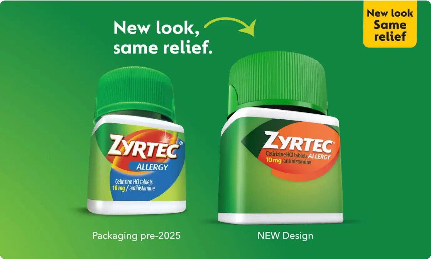 Comparison of Zyrtec allergy medication packaging before and after update in 2025, featuring the text 'New look, same relief' on a vibrant green background.