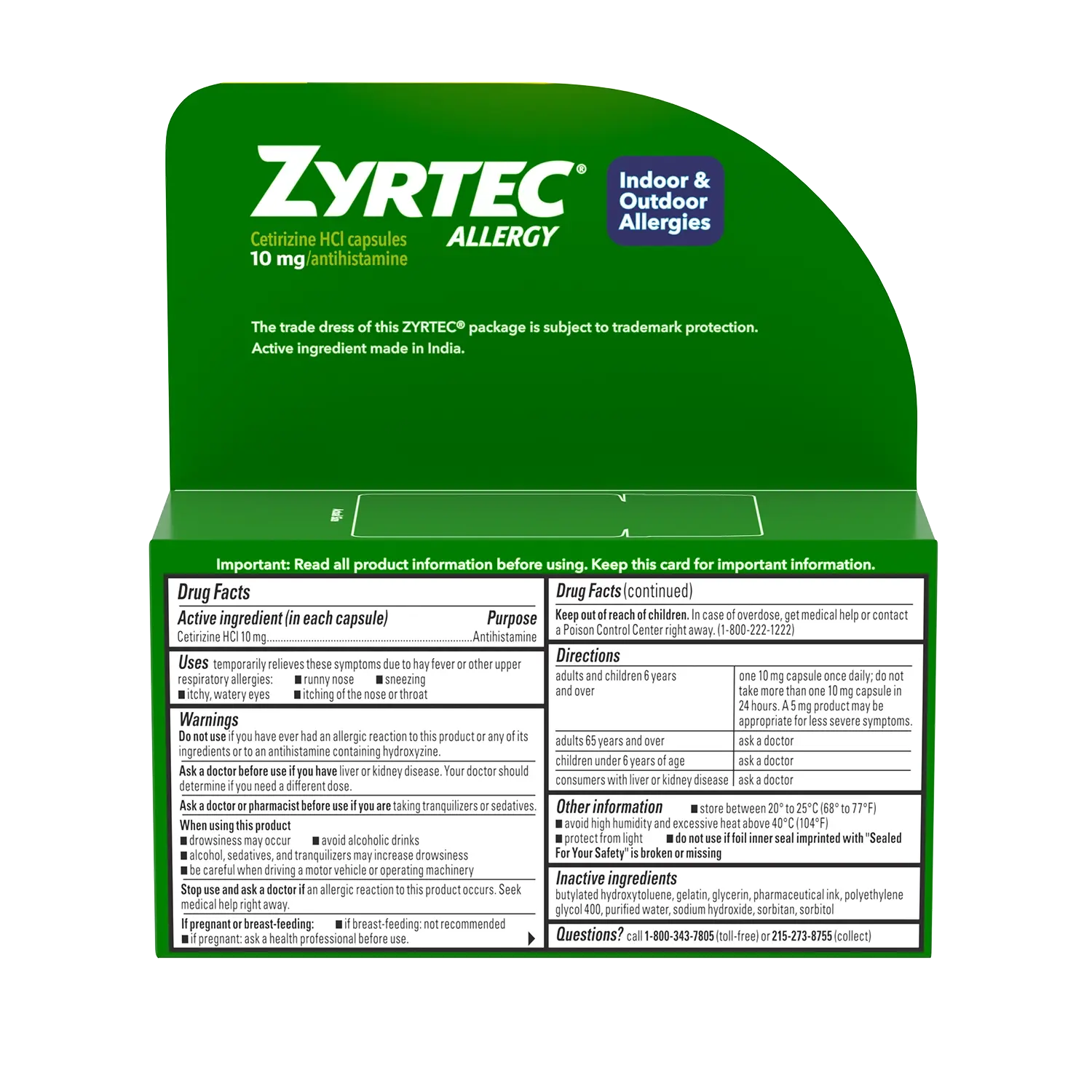 ZYRTEC® Allergy Relief Liquid Gels 25 count Back of the pack