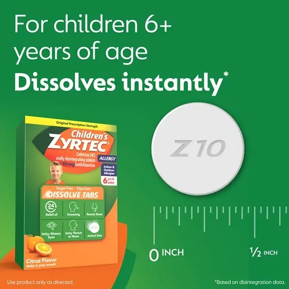 Children's ZYRTEC®  Dissolve Tabs packaging on green background with the text "For children 6+ years of age. Dissolves instantly" with a photo of the dissolve tab.