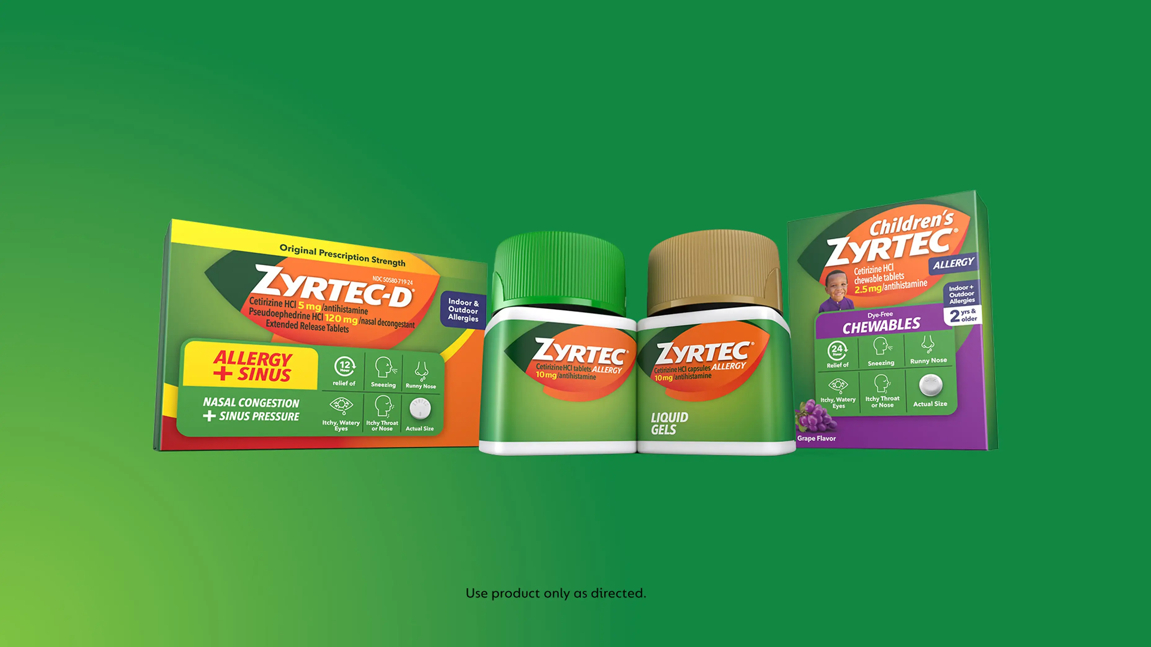 ZYRTEC® and Zyrtec-D allergy relief products, including liquid gels and children's chewables, for nasal congestion and sinus pressure.