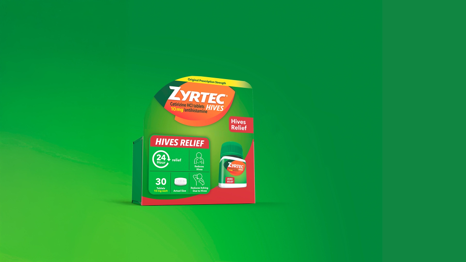 Product pack shot of ZYRTEC® Hives Relief Tabs
