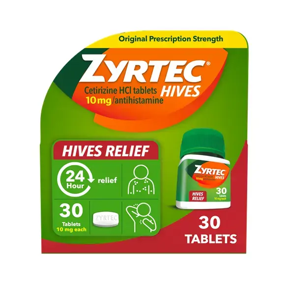 Product pack shot of ZYRTEC® Hives Relief Tabs