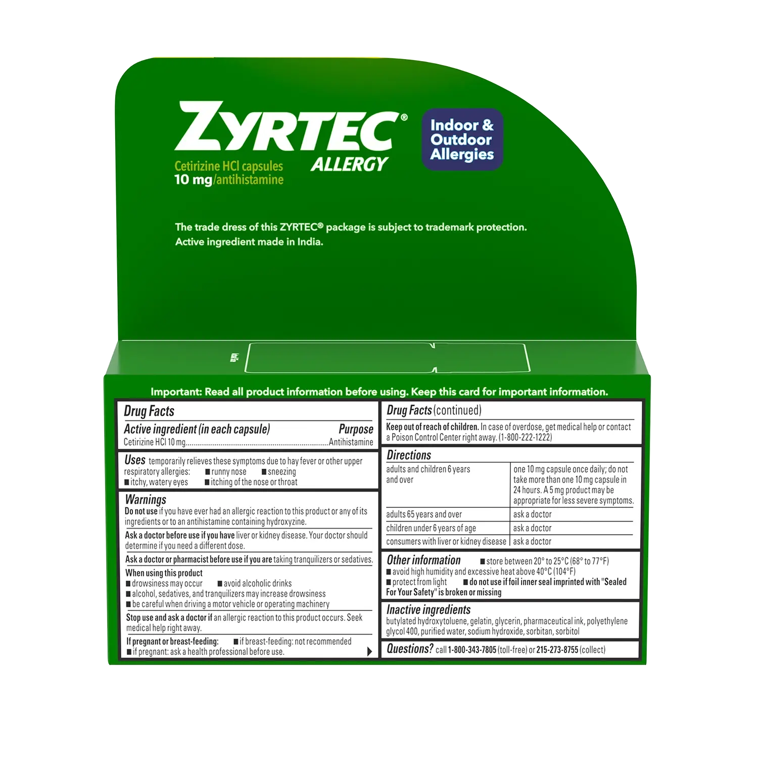 ZYRTEC® Allergy Relief Liquid Gels 12 count Back of the pack