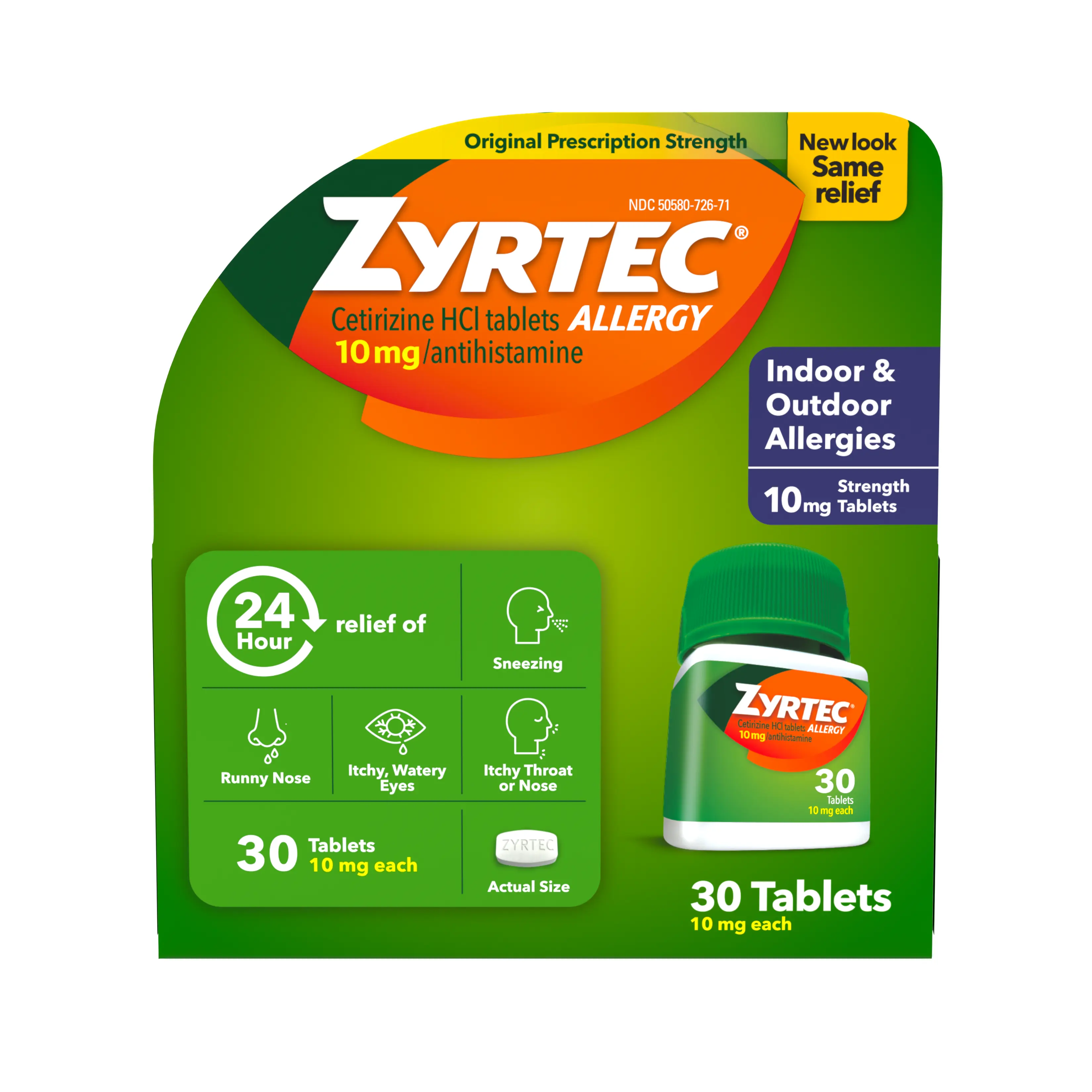 Product pack shot of ZYRTEC® Allergy Relief Tablets with Cetirizine HCl