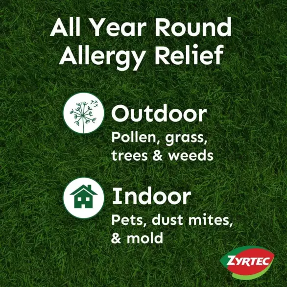 Zyrtec Allergy Reliesf Medicine Tablets para el alivio de los síntomas de alergias en exteriores y al aire libre durante todo el año