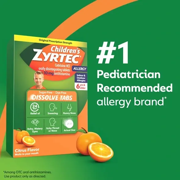 Children's ZYRTEC®  Dissolve Tabs packaging on green background next to an illustration of oranges with the text "#1 pediatrician recommended allergy brand"