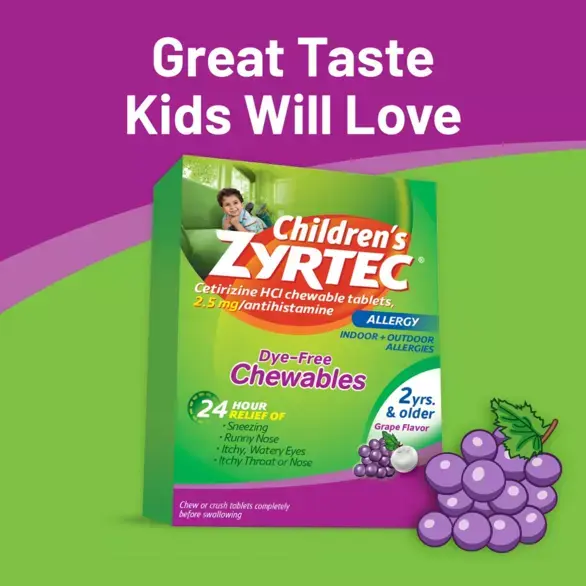 Packaging of Children's Zyrtec Dye-Free Chewables + 2.5mg in grape flavor for 24-hour allergy relief