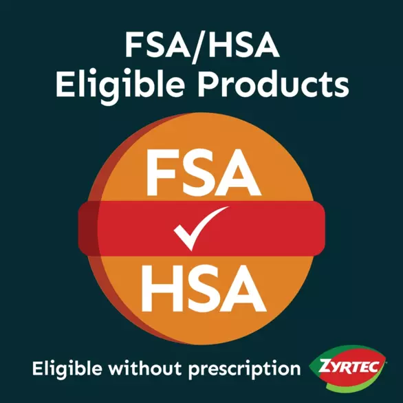 Logotipo de Zyrtec con la declaración de FSA/HSA: los productos son elegibles sin receta médica