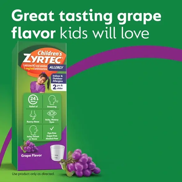 Children's ZYRTEC®  Grape Syrup on green background with the text "Great tasting grape flavor kids will love"