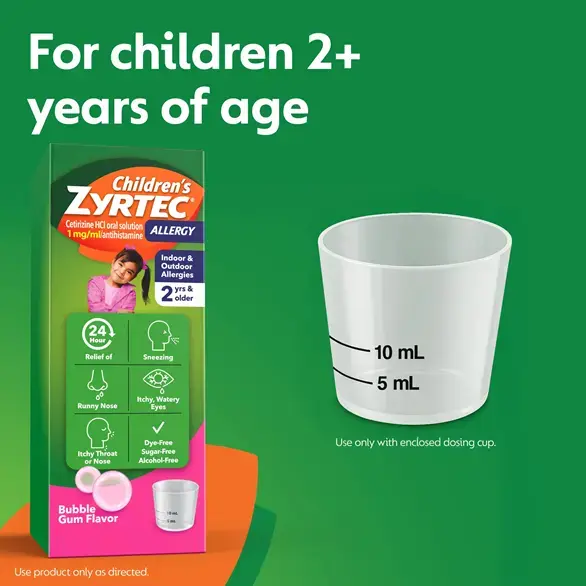 Children's ZYRTEC® Bubble Gum Syrup packaging on green background next to a dosing cup with the text "For children 2+ years of age"