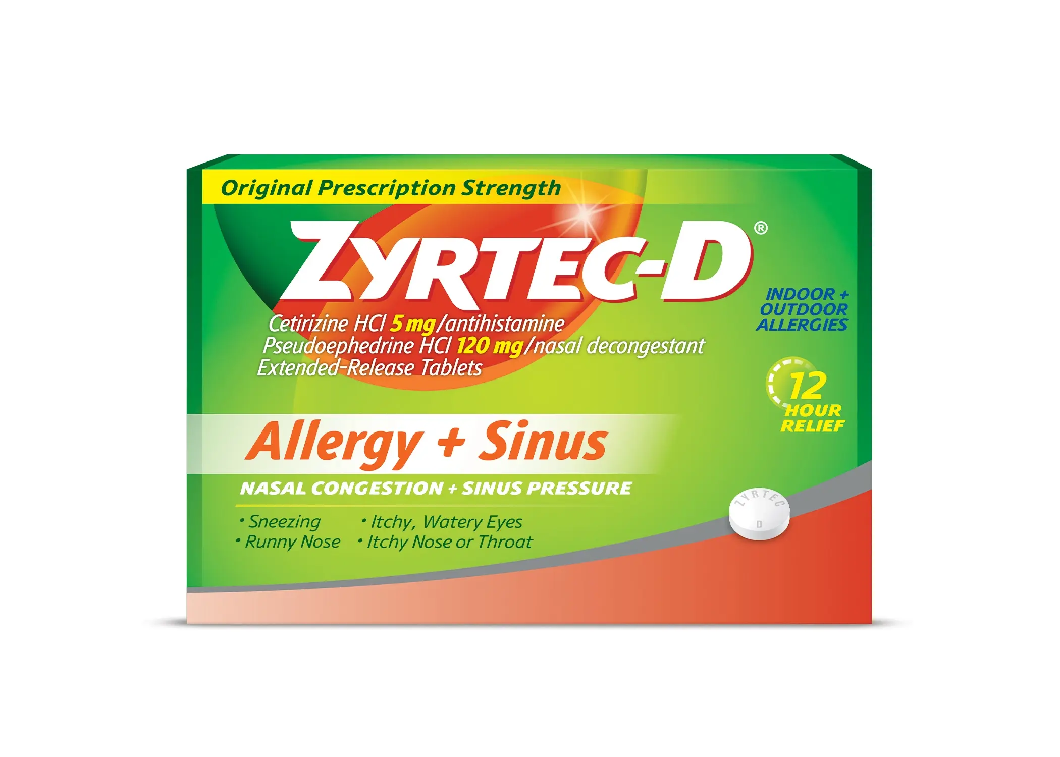 Product pack shot of ZYRTEC®-D Allergy Relief Tablets with Decongestant and Cetirizine HCl
