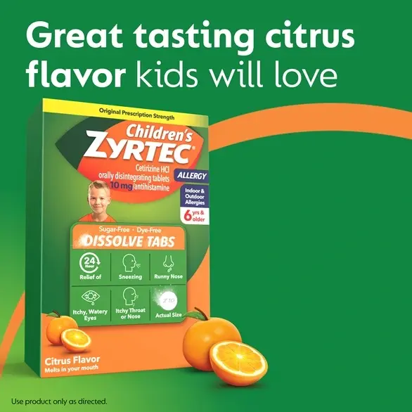 Children's ZYRTEC® Dissolve Tabs box with an illustration of an orange on green background with the text "Great tasting citrus flavor kids will love"