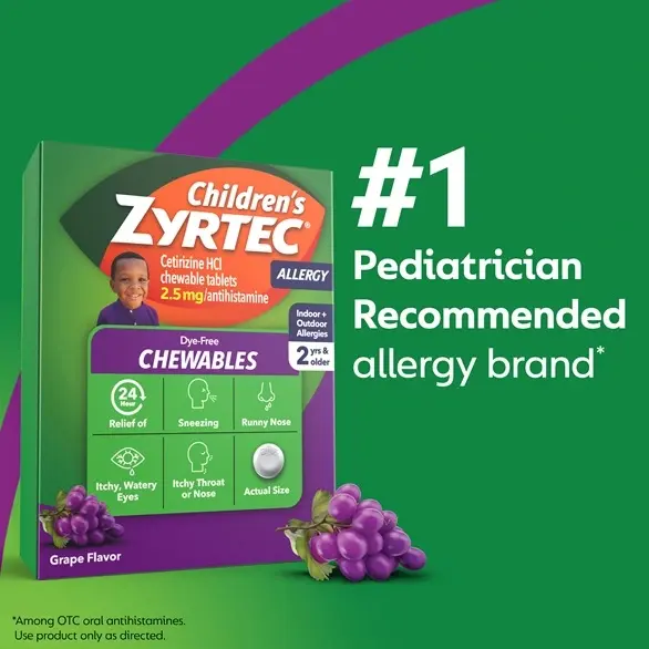 Children's ZYRTEC®  Dye Free Chewables packaging on green background next to an illustration of grapes with the text "#1 pediatrician recommended allergy brand"