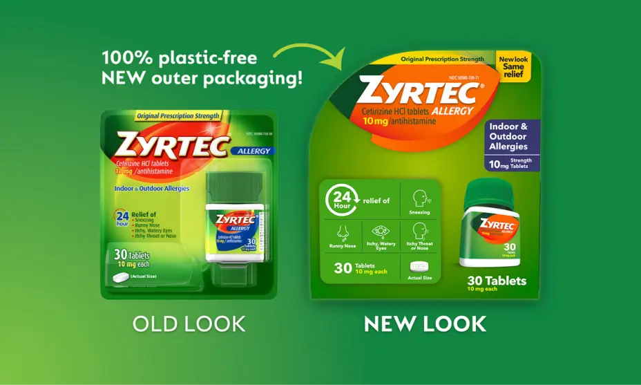 Old & new packaging noting that new outer packaging is 100% plastic-free