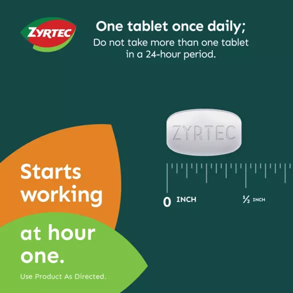 Image of Zyrtec Allergy Relief Medicine Tablets with 10mg size comparison & dosing chart