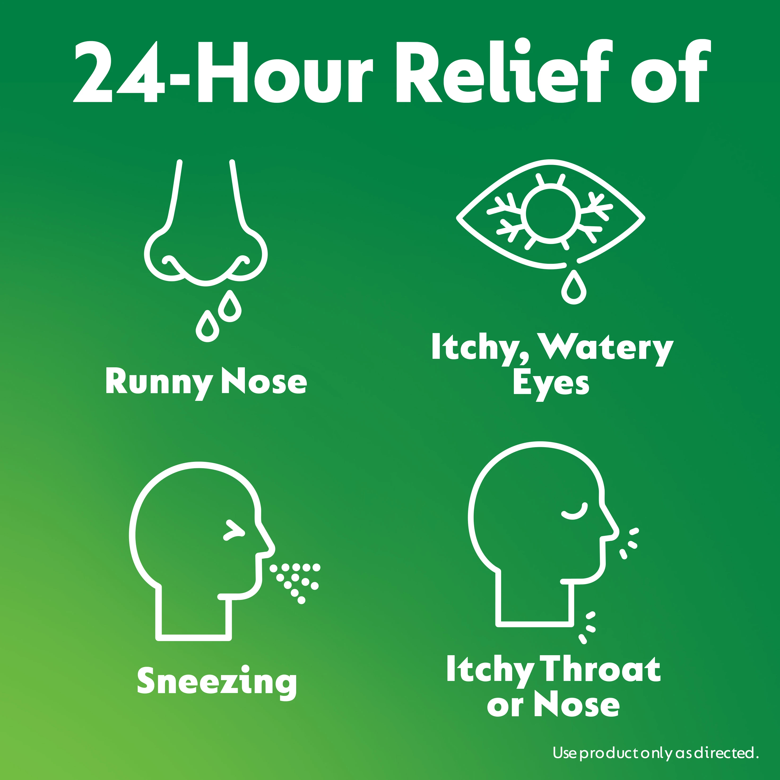 ZYRTEC® Liquid Gels for 24-hour relief with graphics of a runny nose, sneezing, itchy/watery eyes, & itchy nose/throat