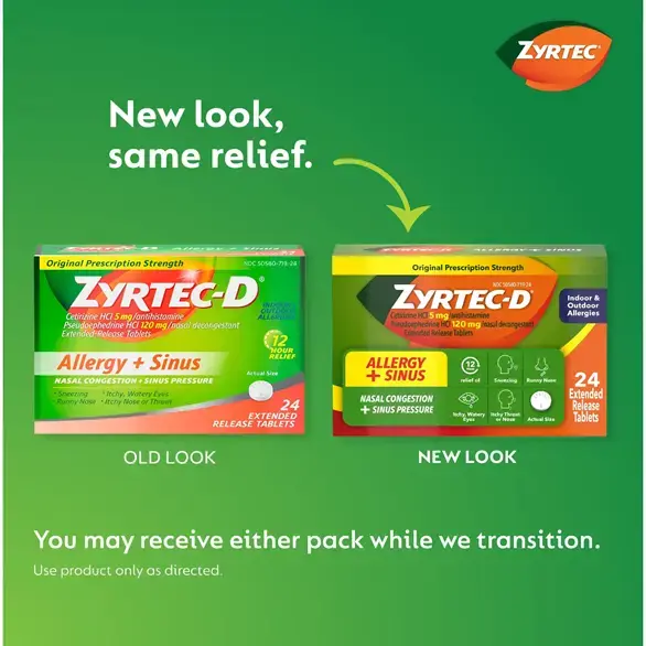 Product pack shot of ZYRTEC®-D showing the old vs. new packaging