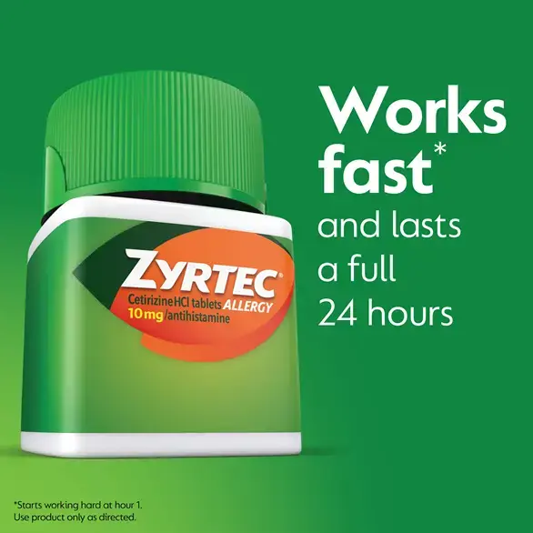 ZYRTEC® Allergy Relief Tablets work fast (starts working hard at hour 1) and last a full 24 hours