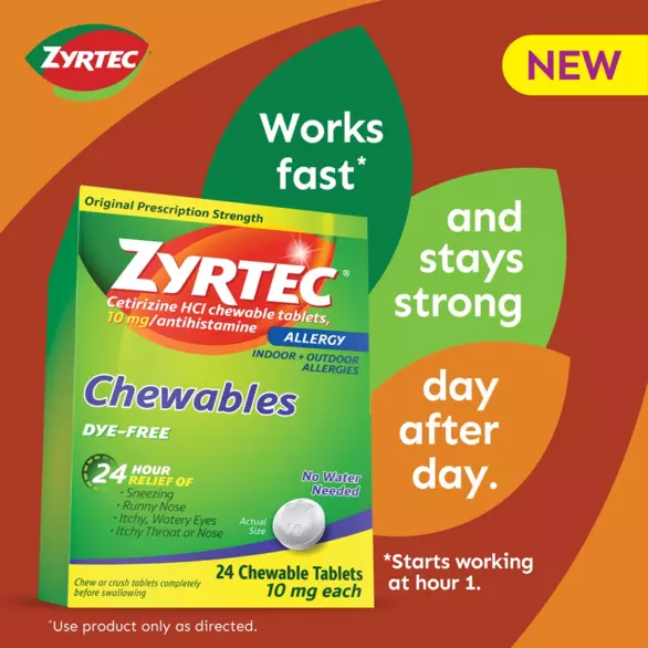 Packaging of Zyrtec Dye-Free Chewable Allergy Medicine with 10mg for 24-hour allergy relief