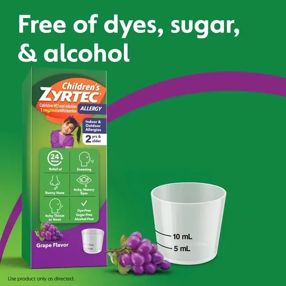 Children's ZYRTEC®  Grape Syrup packaging on green background next to an illustration of grapes and dosing cup with the text "Free of dyes, sugar & alcohol"