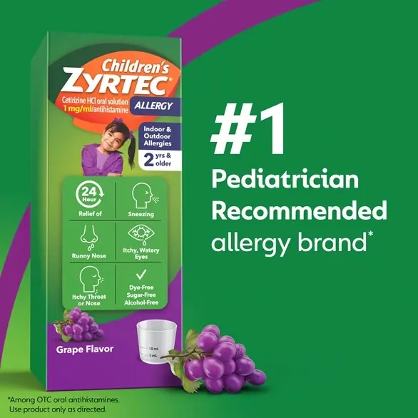Children's ZYRTEC®  Grape Syrup packaging on green background next to an illustration of grapes with the text "#1 pediatrician recommended allergy brand"