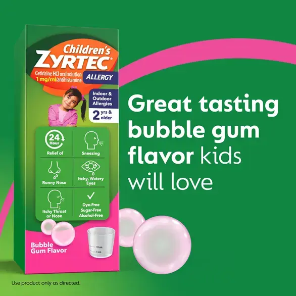 Children's ZYRTEC® Bubble Gum Syrup on green background with the text "Great tasting bubble gum flavor kids will love"