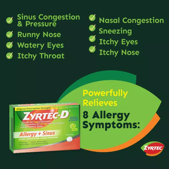 Packaging of Zyrtec-D Allergy + Congestion Relief Tablets for 12-hour relief from 8 allergy symptoms