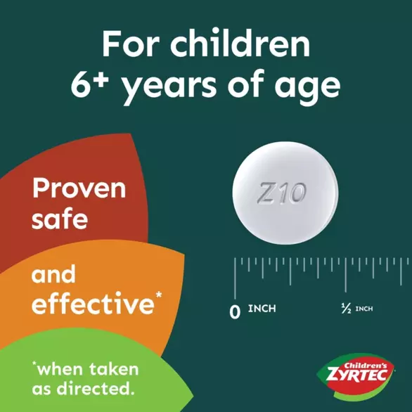 Imagen de comparación de tamaños de Children's Zyrtec Dissolve Tabs para niños de más de 6 años de edad