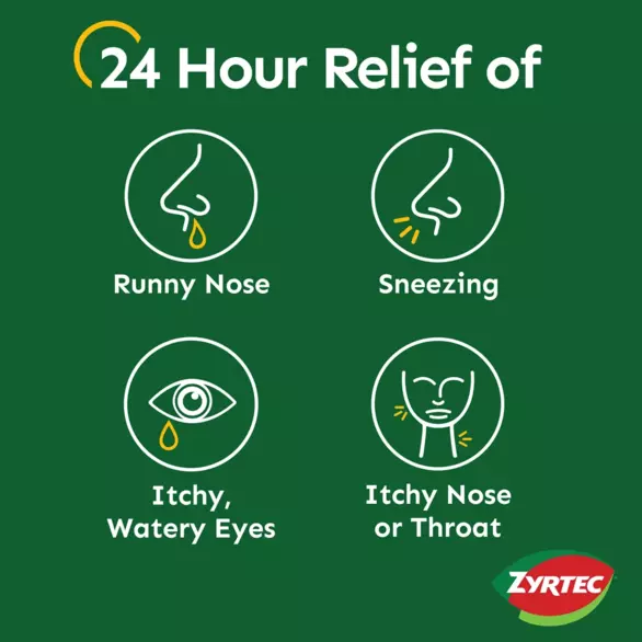 Diagram of Zyrtec 24-hour relief from a runny nose, sneezing, itchy/watery eyes & itchy throat/nose