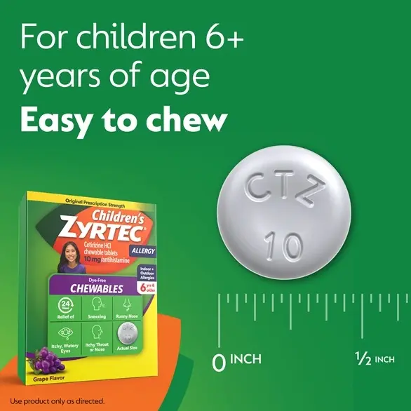 Children's ZYRTEC® Dye Free Chewables box on green background with the text "For children 6+ years of age. Easy to chew." with a photo of the chewable tablet .