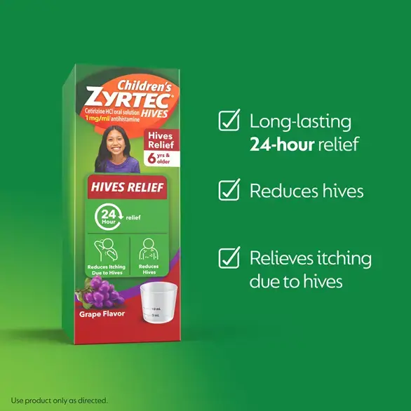 Children's ZYRTEC® Hives benefits: long-lasting 24-hour relief, reduces hives, and relieves itching due to hives.