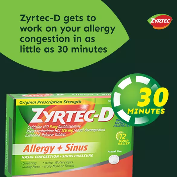 Packaging of Zyrtec-D Allergy + Congestion Relief Tablets for 12-hour allergy & sinus relief